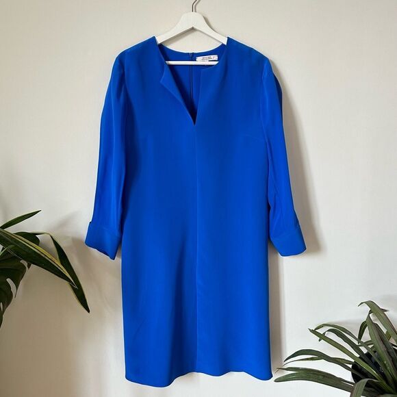 Dorothee Schumacher Silk Long Split Sleeve Notch V Neck Dress in Blue - Picture 3 of 8
